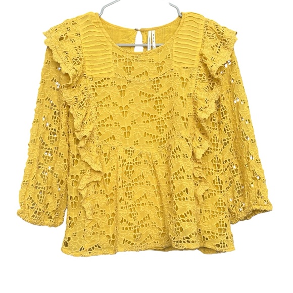 Anthropologie Clementine Peasant Blouse SZ 6 Yellow Eyelet Ruffles Boho Hipster - Picture 3 of 11